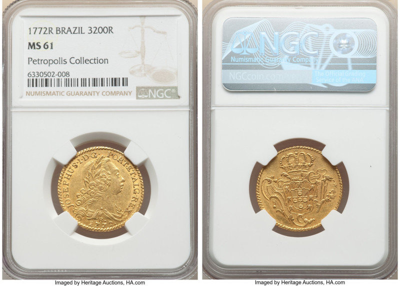 Jose I gold 3200 Reis 1772-R MS61 NGC, Rio de Janeiro mint, KM183.2, LMB-417, Gu...