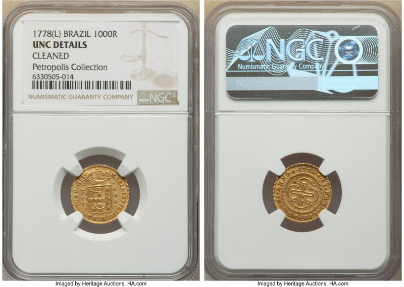 Maria I & Pedro III gold 1000 Reis 1778-(L) UNC Details (Cleaned) NGC, Lisbon/Ri...