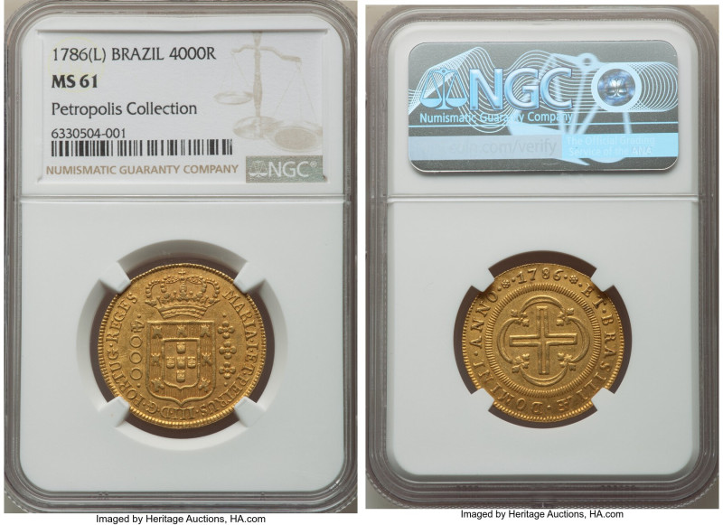 Maria I & Pedro III gold 4000 Reis 1786-(L) MS61 NGC, Lisbon/Rio de Janeiro mint...