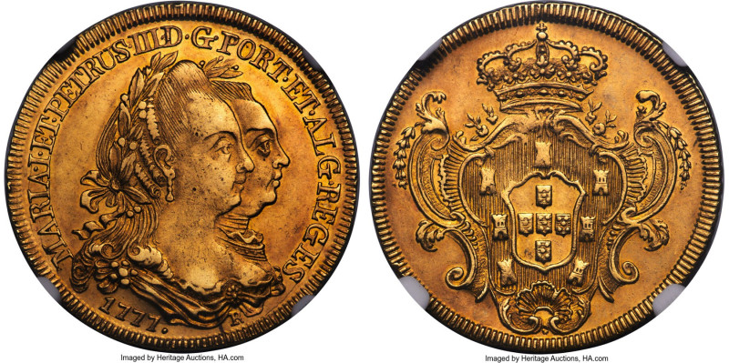 Maria I & Pedro III gold 6400 Reis (Peça) 1777-R AU Details (Cleaned) NGC, Rio d...