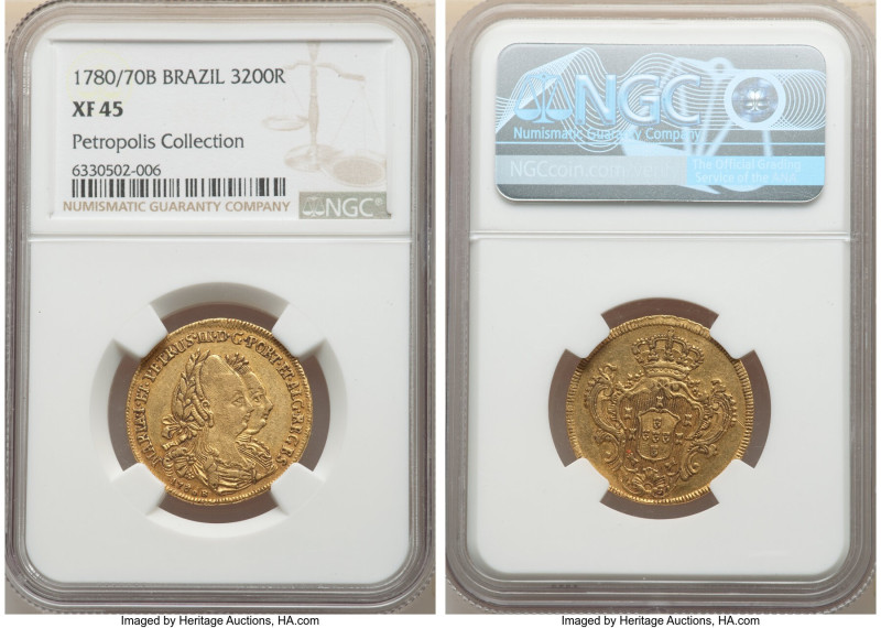 Maria I & Pedro III gold 3200 Reis 1780-B XF45 NGC, Bahia mint, KM150, LMB-475, ...