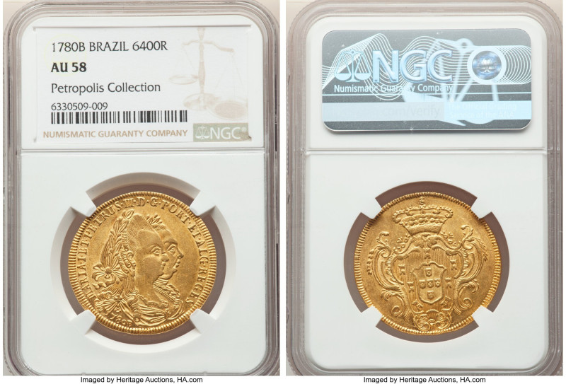 Maria I & Pedro III gold 6400 Reis (Peça) 1780-B AU58 NGC, Bahia mint, KM199.1, ...