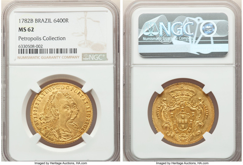 Maria I & Pedro III gold 6400 Reis (Peça) 1782-B MS62 NGC, Bahia mint, KM199.1, ...