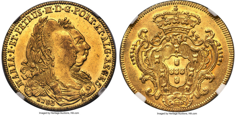 Maria I & Pedro III gold 6400 Reis (Peça) 1783-B AU Details (Bent, Harshly Clean...