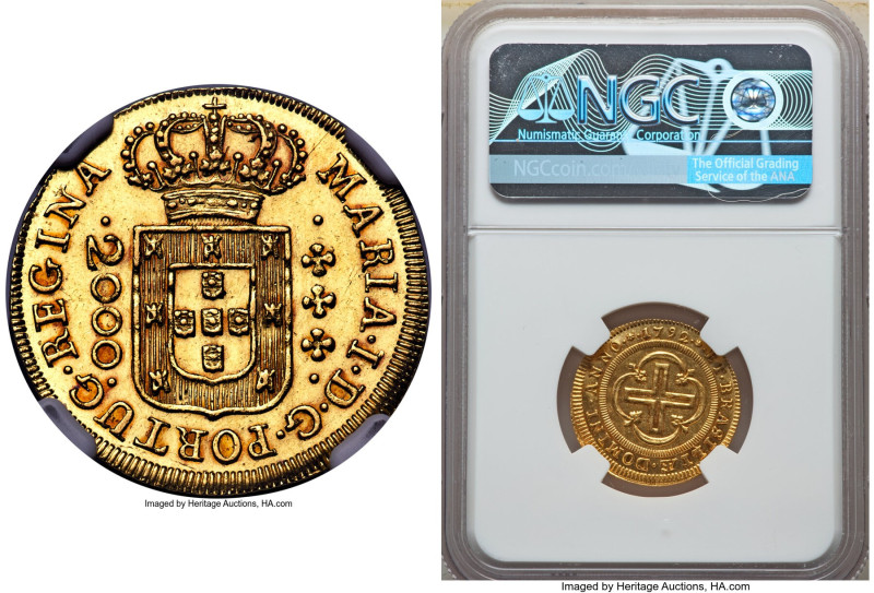 Maria I gold 2000 Reis 1792-(L) MS63+ NGC, Lisbon mint, KM224, LMB-494, Guimarae...