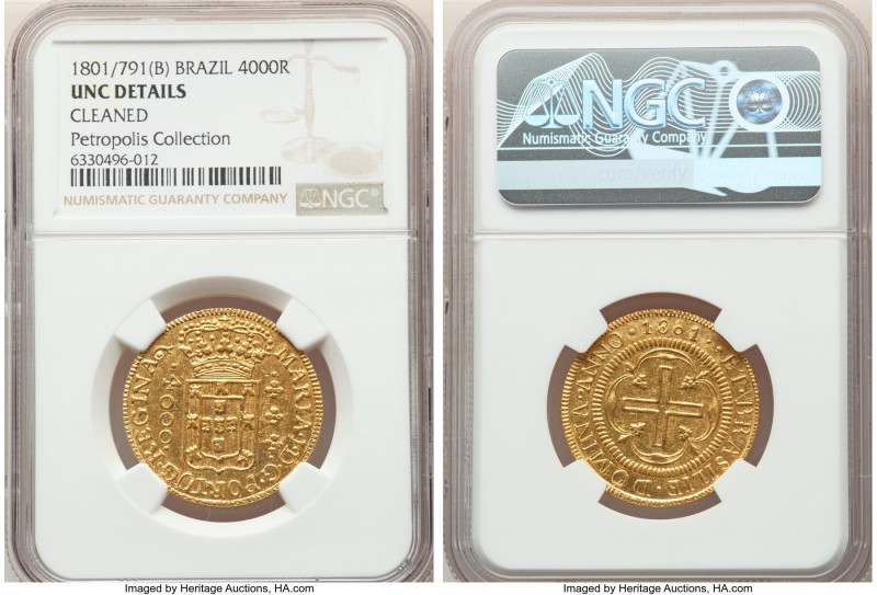 Maria I gold 4000 Reis 1801/791-(B) UNC Details (Cleaned) NGC, Bahia mint, KM225...