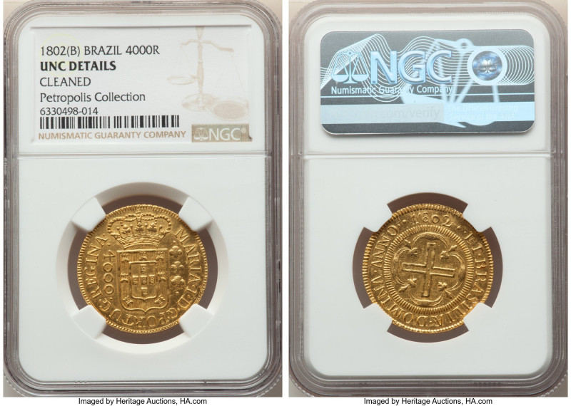 Maria I gold 4000 Reis 1802-(B) UNC Details (Cleaned) NGC, Bahia mint, KM225.2, ...