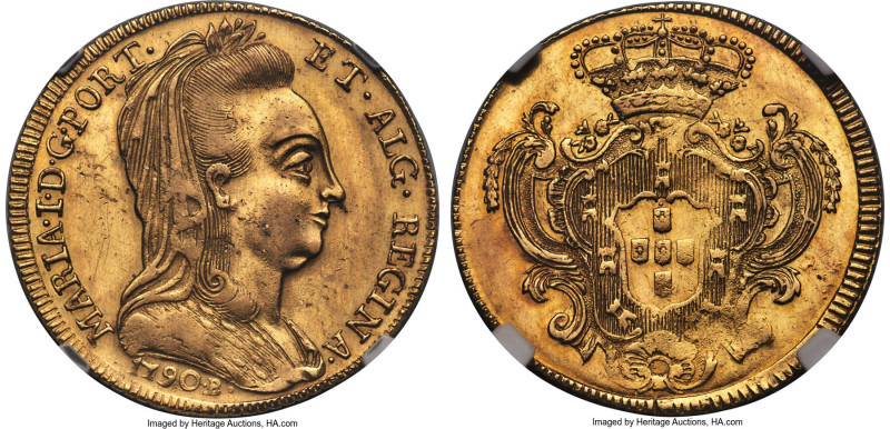 Maria I gold 6400 Reis (Peça) 1790-B AU Details (Harshly Cleaned) NGC, Bahia min...