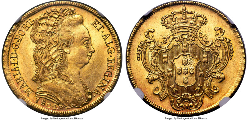 Maria I gold 6400 Reis (Peça) 1804-R MS61 NGC, Rio de Janeiro mint, KM226.1, LMB...