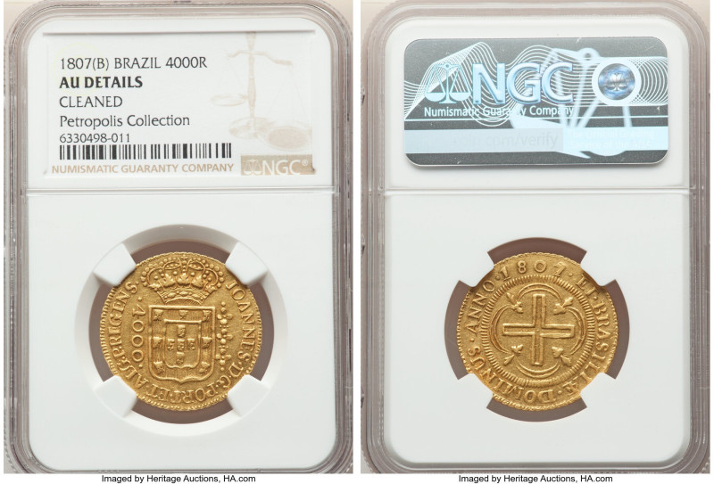 João Prince Regent gold 4000 Reis 1807-(B) AU Details (Cleaned) NGC, Bahia mint,...