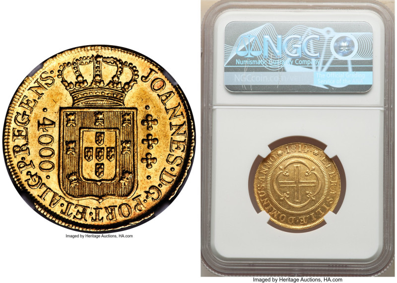 João Prince Regent gold 4000 Reis 1814-(R) MS62 NGC, Rio de Janeiro mint, KM235....