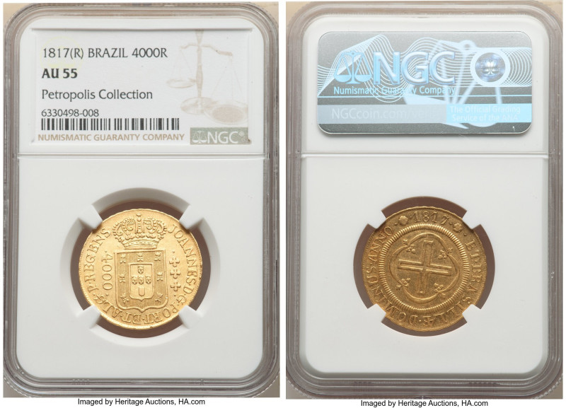 João Prince Regent gold 4000 Reis 1817-(R) AU55 NGC, Rio de Janeiro mint, KM235....