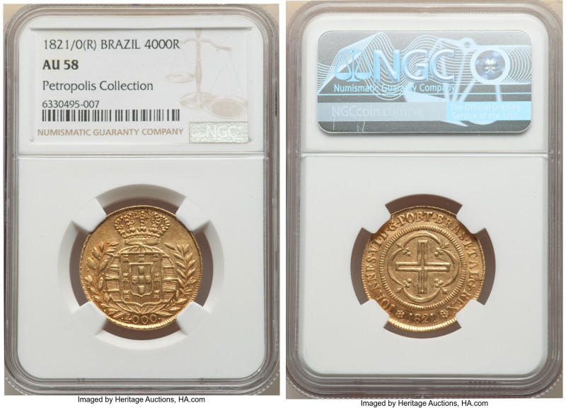 Republic gold 4000 Reis 1821/0-(R) AU58 NGC, Rio de Janeiro mint, KM327.1, cf. L...