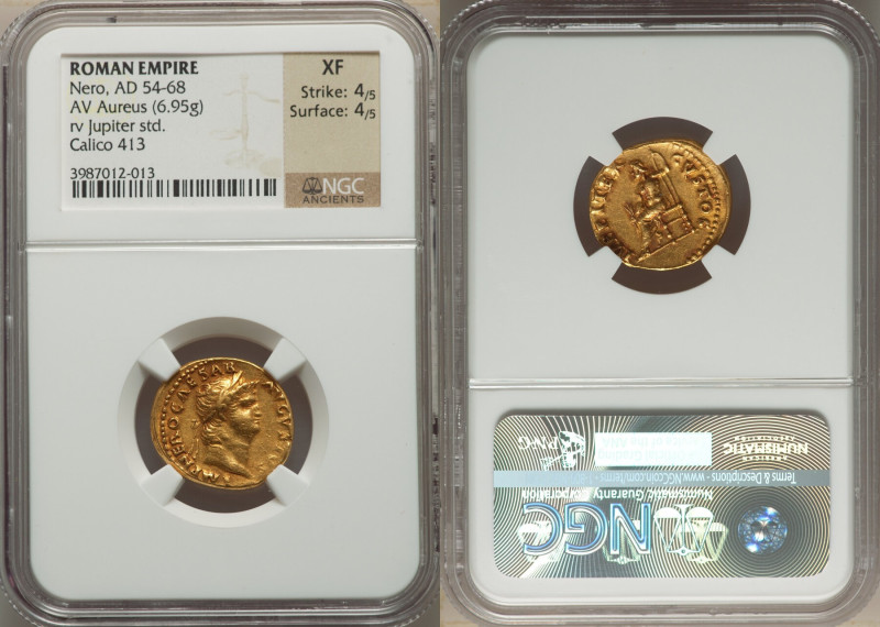 Nero (AD 54-68). AV aureus (19mm, 6.95 gm, 5h). NGC XF 4/5 - 4/5. Rome, AD 65-68...