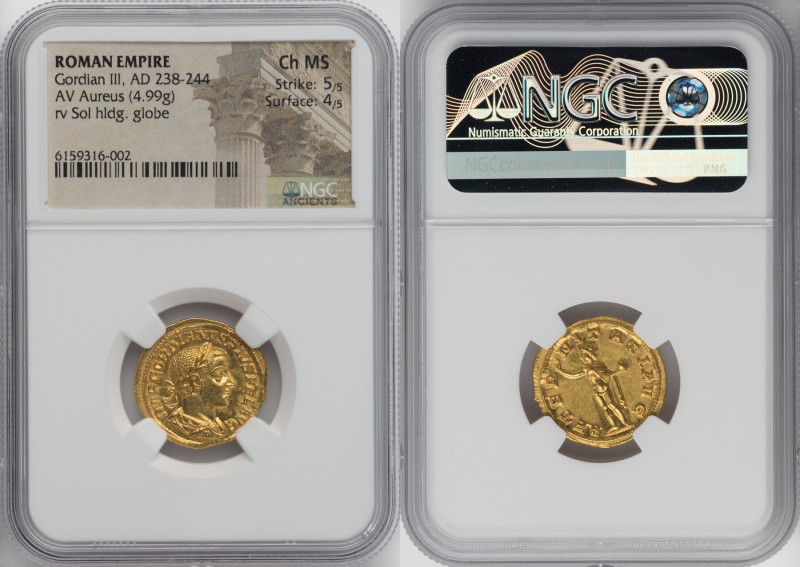 Gordian III (AD 238-244). AV aureus (20mm, 4.99 gm, 11h). NGC Choice MS 5/5 - 4/...