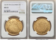 Ferdinand VII gold 8 Escudos 1819 P-FM MS63 NGC, Popayan mint, KM66.2, Cal-1824, Restrepo-128.33. A wholly engaging conditional outlier for this immen...