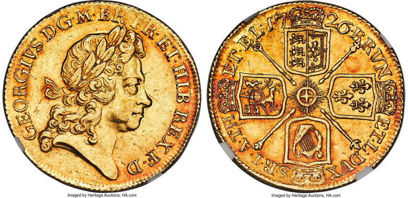 George I gold 2 Guineas 1726 AU58 NGC, KM554, S-3627. A tempting example of a ty...