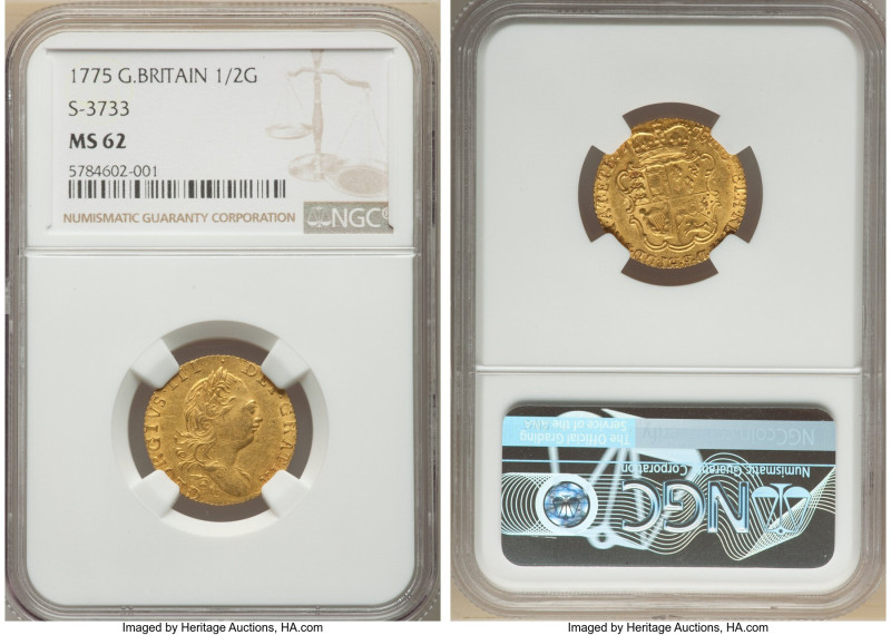 George III gold 1/2 Guinea 1775 MS62 NGC, KM605, S-3733. Third laureate head. A ...