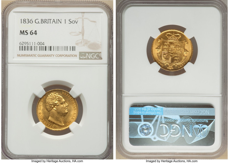 William IV gold Sovereign 1836 MS64 NGC, KM717, S-3829B, Marsh-20. Lemon-gold ap...