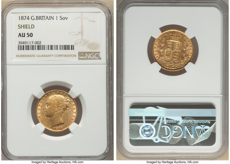 Victoria gold "Shield" Sovereign 1874 AU50 NGC, KM752, S-3853B, Marsh-58 (R4). D...