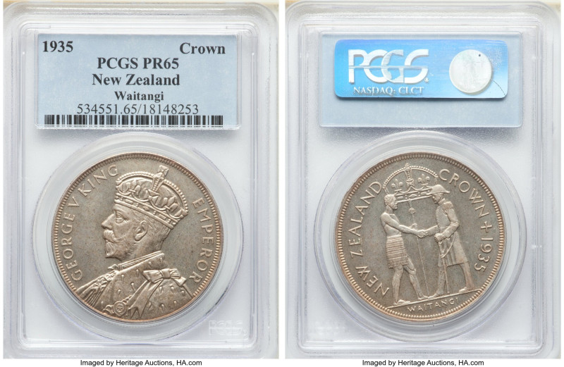 George V Proof "Waitangi" Crown 1935 PR65 PCGS, KM6, Dav-433. Mintage: 468. Stru...