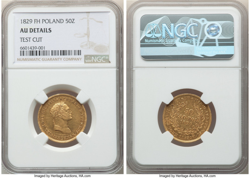 Nicholas I of Russia gold 50 Zlotych 1829-FH AU Details (Test Cut) NGC, Warsaw m...