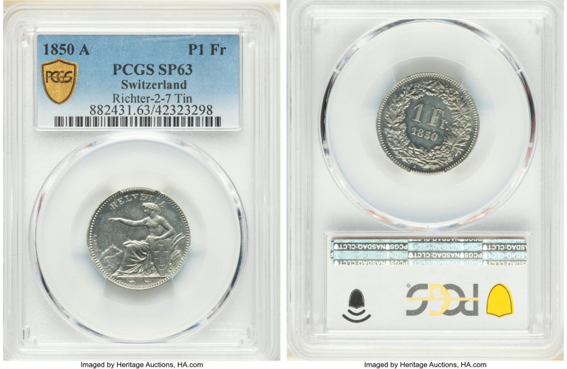 Confederation tin Specimen Pattern Franc 1850-A SP63 PCGS, KM-Unl., Divo-3, Rich...