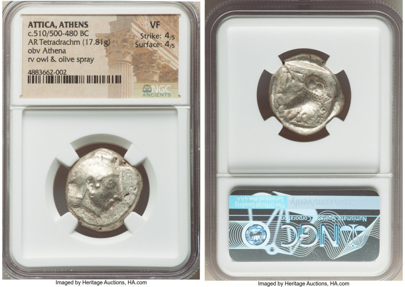 ATTICA. Athens. Ca. 510/500-480 BC. AR tetradrachm (24mm, 17.81 gm, 7h). NGC VF ...