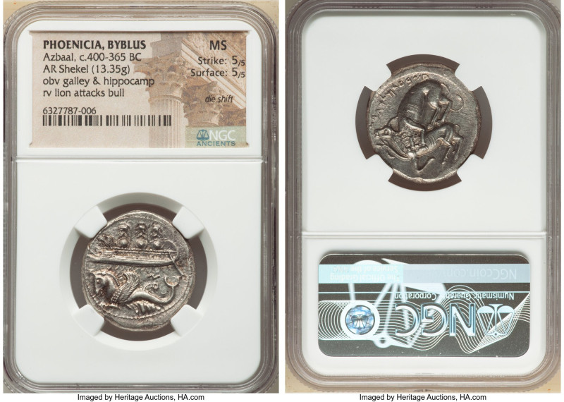 PHOENICIA. Byblus. Azbaal (ca. 400-365 BC). AR shekel (26mm, 13.35 gm, 5h). NGC ...