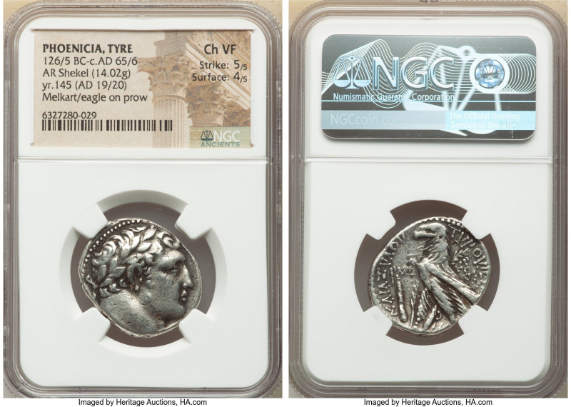 PHOENICIA. Tyre. Ca. 126/5 BC-AD 65/6. AR shekel (27mm, 14.02 gm, 12h). NGC Choi...