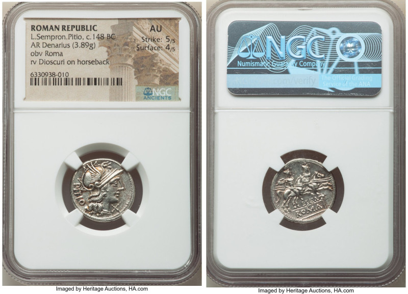 L. Sempronius Pitio (148 BC). AR denarius (20mm, 3.89 gm, 11h). NGC AU 5/5 - 4/5...