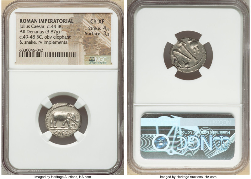 Julius Caesar, as Dictator (49-44 BC). AR denarius (18mm, 3.87 gm, 5h). NGC Choi...