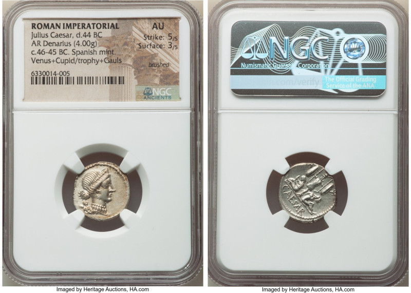 Julius Caesar, as Dictator (49-44 BC). AR denarius (18mm, 4.00 gm, 2h). NGC AU 5...