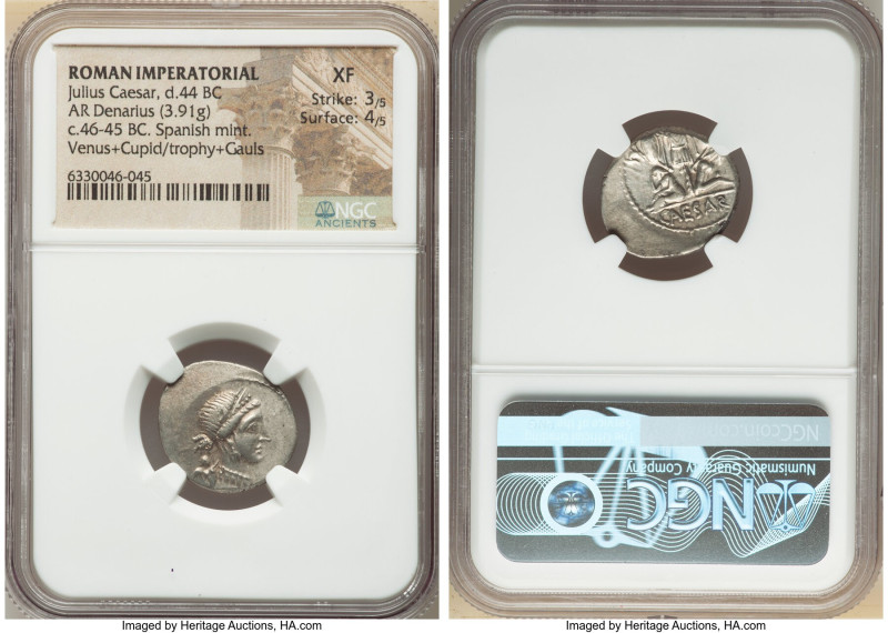 Julius Caesar, as Dictator (49-44 BC). AR denarius (19mm, 3.91 gm, 5h). NGC XF 3...