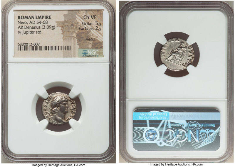 Nero, as Augustus (AD 54-68). AR denarius (18mm, 3.09 gm, 7h). NGC Choice VF 5/5...