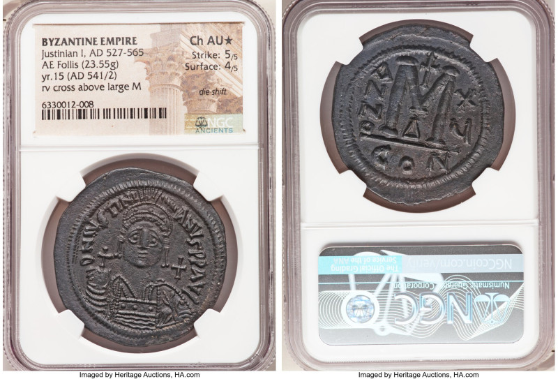 Justinian I (AD 527-565). AE follis or 40 nummi (39mm, 23.55 gm, 7h). NGC Choice...