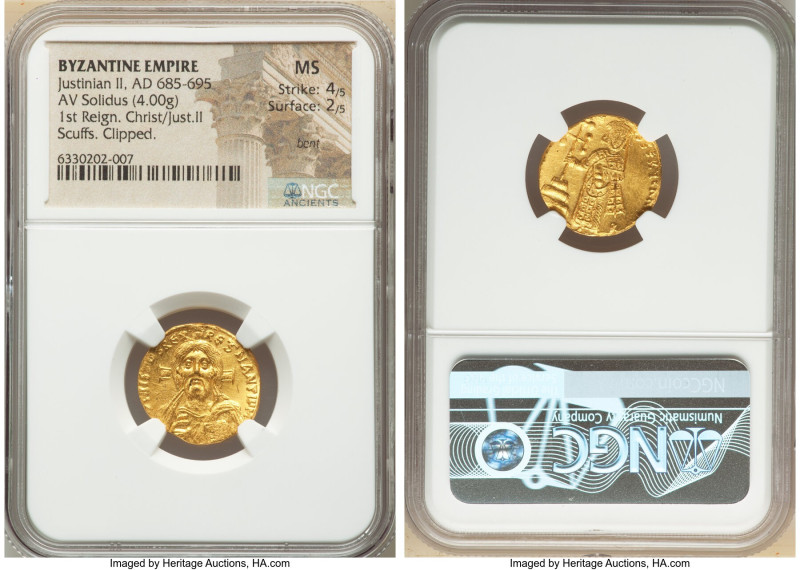 Justinian II, First Reign (AD 685-695). AV solidus (19mm, 4.00 gm, 7h). NGC MS 4...