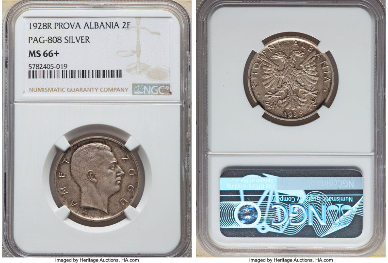 Zog I silver Prova 2 Franga Ari 1928-R MS66+ NGC, Rome mint, KM-PrA36, Mont-49 (...