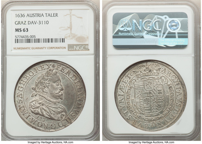 Ferdinand II Taler 1636 MS63 NGC, Graz mint, KM749.1, Dav-3110. Lustrous surface...