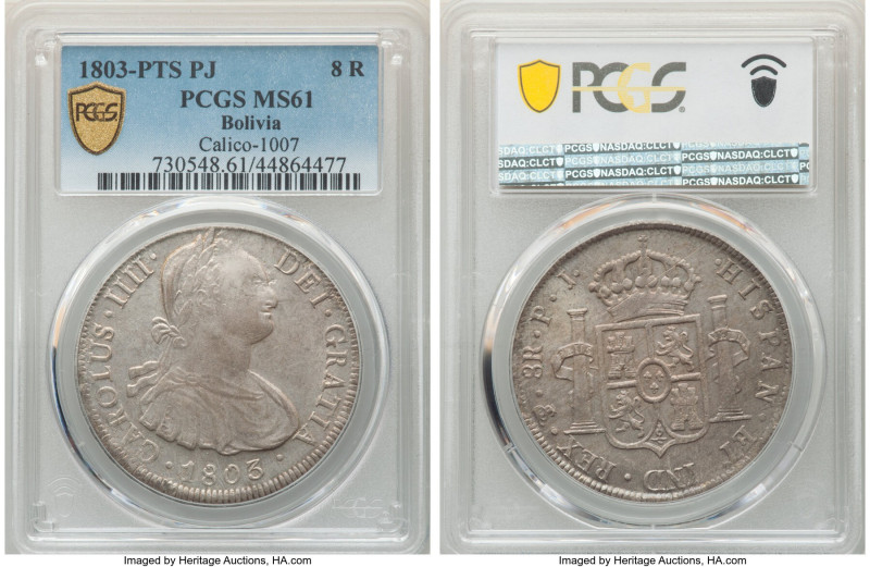 Charles IV 8 Reales 1803 PTS-PJ MS61 PCGS, Potosi mint, KM73, Cal-1007. Somewhat...