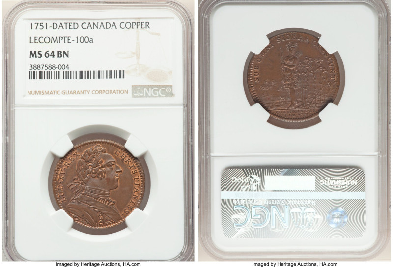 Louis XV copper Franco-American Jeton 1751-Dated MS64 Brown NGC, Lec-100a. Phoen...