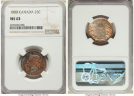 Victoria 25 Cents 1888 MS63 NGC, London mint, KM5. A Choice Mint State representative that entices the eye with waves of cerulean, violet, and amber l...