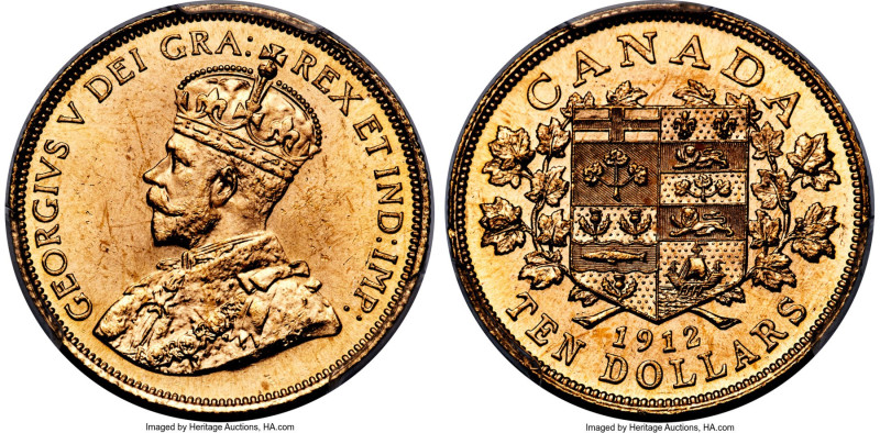 George V gold 10 Dollars 1912 MS64 PCGS, Ottawa mint, KM27. A lovely piece showc...