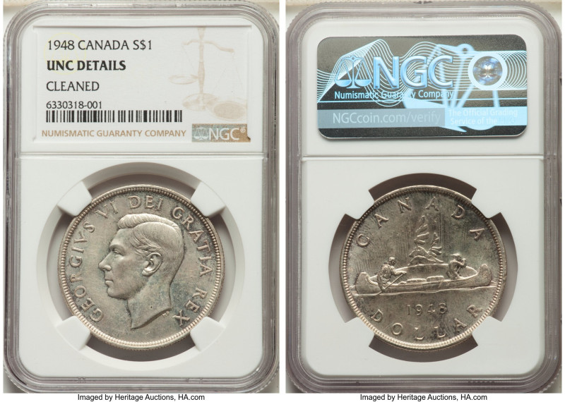George VI Dollar 1948 UNC Details (Cleaned) NGC, Royal Canadian mint, KM46. Mint...
