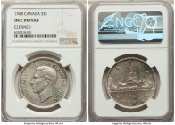 George VI Dollar 1948 UNC Details (Cleaned) NGC, Royal Canadian mint, KM46. Mintage: 18,780. From the key date of this issue where the next lowest yea...