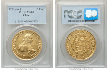 Ferdinand VI gold 8 Escudos 1751 So-J MS62 PCGS, Santiago mint, KM3, Cal-824. An astonishingly well preserved example displaying laudable boldness owe...