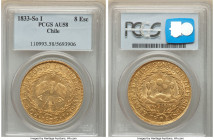 Republic gold 8 Escudos 1833 So-I AU58 PCGS, Santiago mint, KM84, Onza-1627. Featuring a pervasive harvest gold color on this conditionally scarce iss...