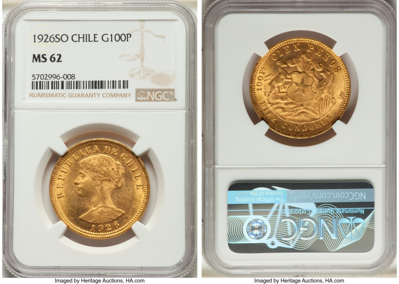 Republic gold 100 Pesos 1926-So MS62 NGC, Santiago mint, KM170, Fr-54. One year ...