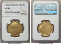 Charles III gold 4 Escudos 1780/70 P-SF AU55 NGC, Popayan mint, cf. KM44 (unlisted overdate), Cal-1838.1, cf. Restrepo-Type 68 (unlisted overdate). An...