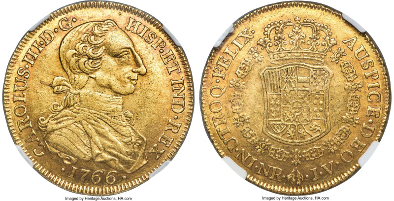 Charles III gold 8 Escudos 1766 NR-JV AU55 NGC, Nuevo Reino mint, KM41, Cal-2085...